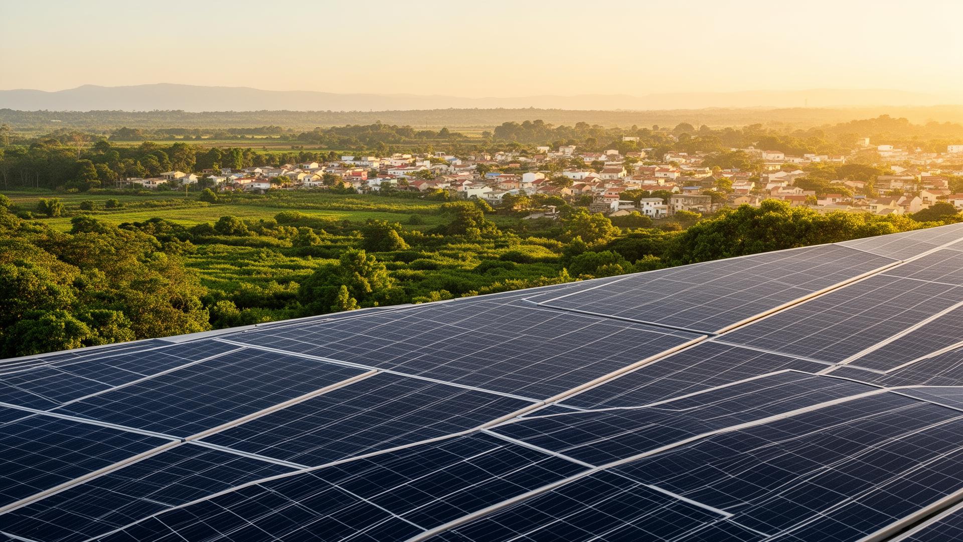 Painéis solares com cidade ao fundo